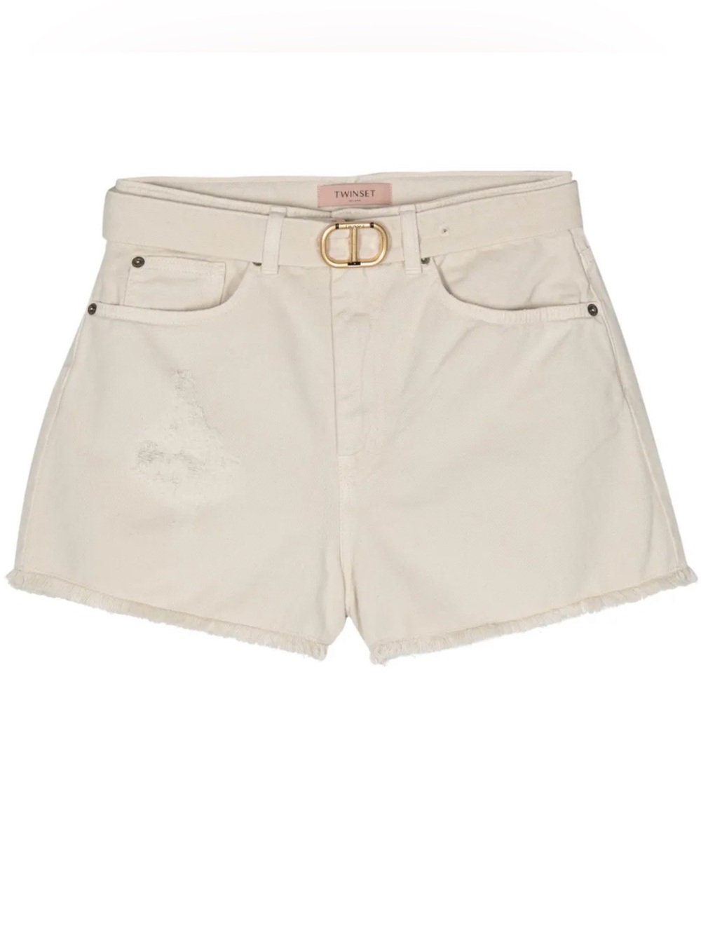 Twin-Set Cream High-Rise Denim Shorts with Gold Buckle Belt